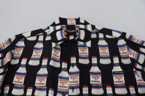 Black silk printed collared men's casual shirt by Dolce & Gabbana, featuring a stylish design and button-up front.