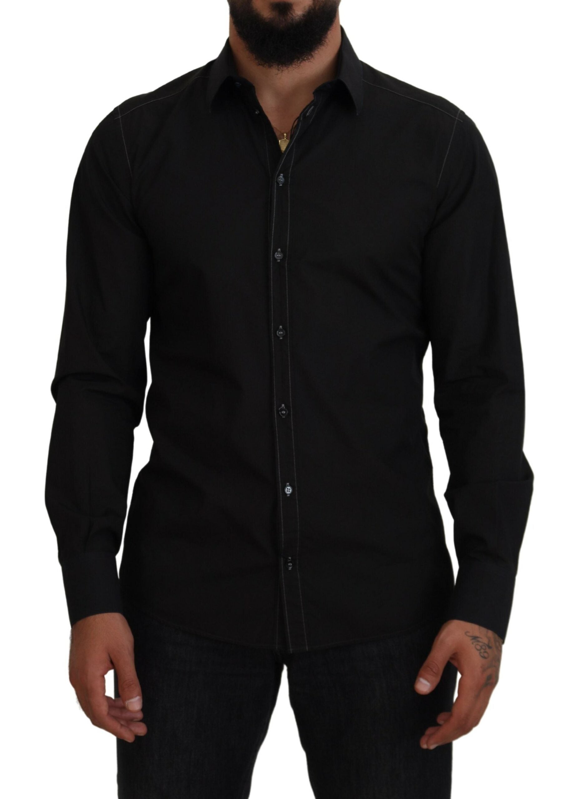 Black cotton long sleeve shirt with collar from Dolce & Gabbana featuring gold accents on the fabric.