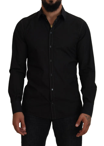 Black cotton long sleeve shirt with collar from Dolce & Gabbana featuring gold accents on the fabric.