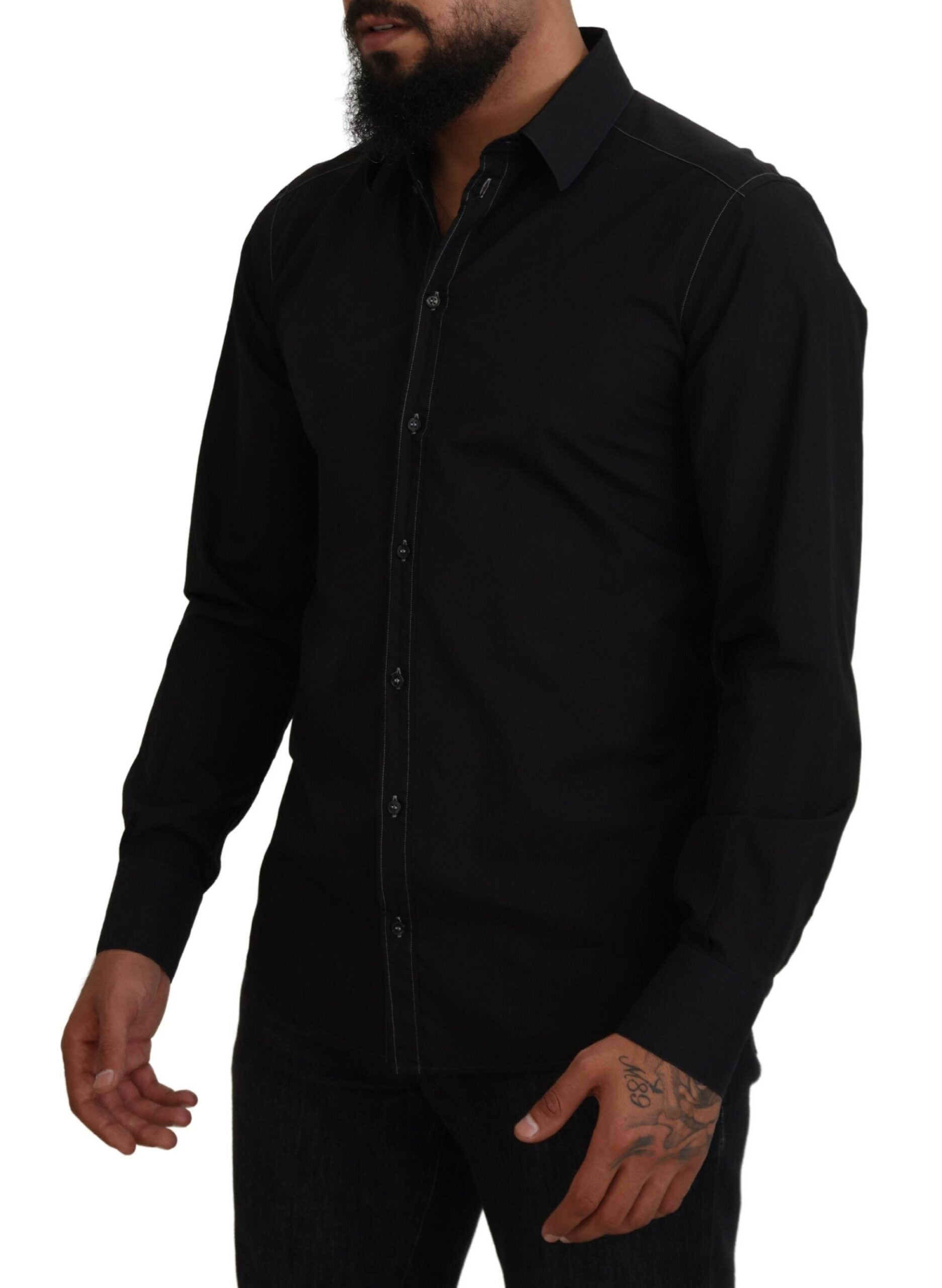 Black cotton long sleeve shirt with a collar from Dolce & Gabbana, featuring gold accents on the fabric.