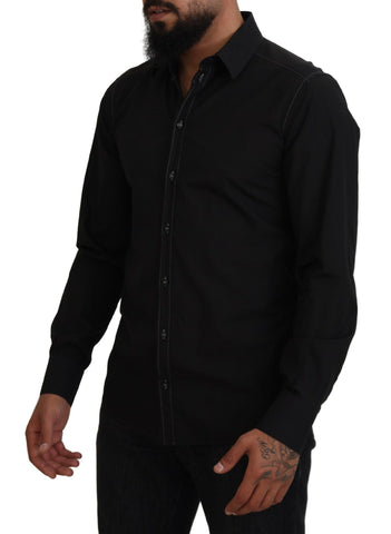 Black cotton long sleeve shirt with a collar from Dolce & Gabbana, featuring gold accents on the fabric.