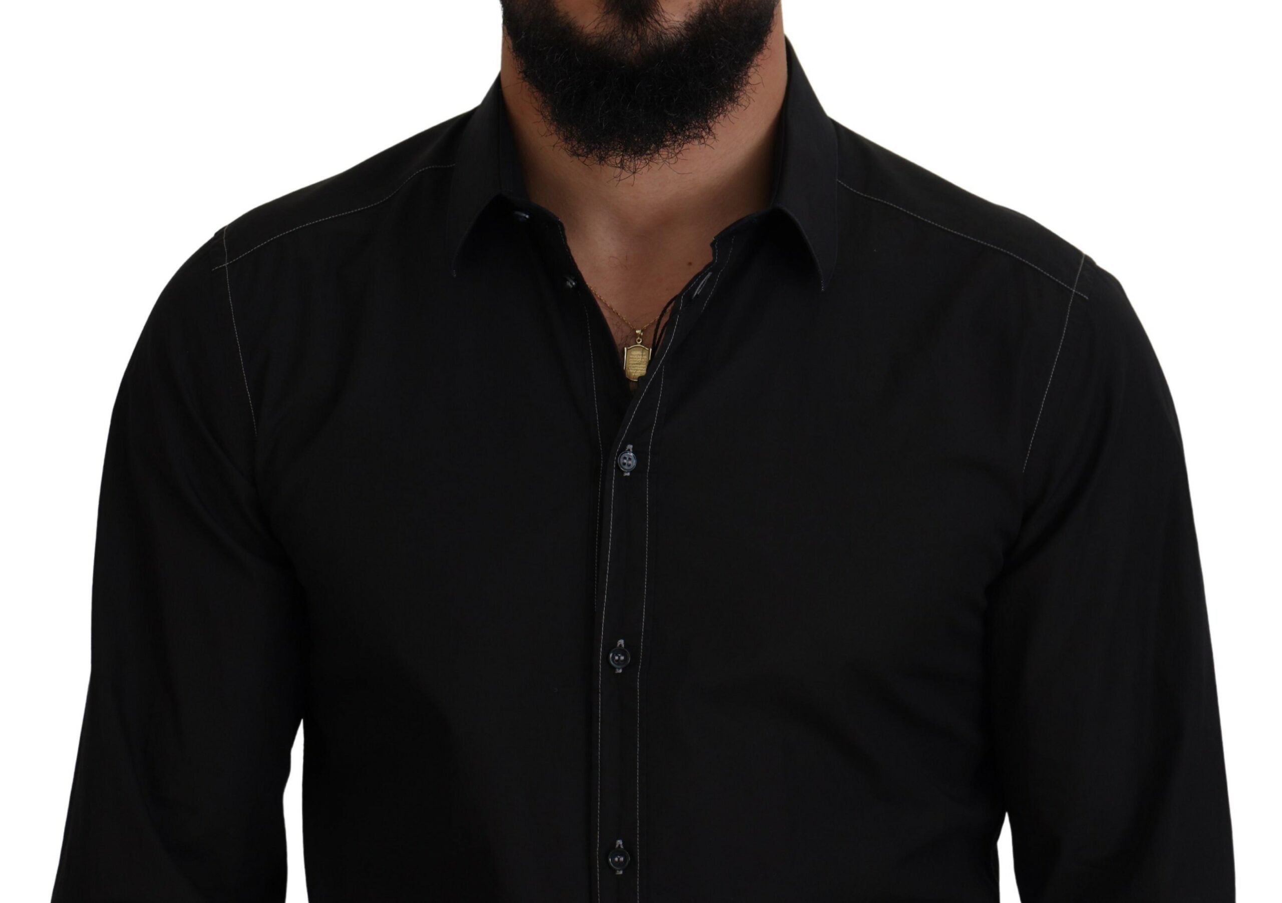 Black cotton long sleeve shirt with collar and gold accents by Dolce & Gabbana, shown on a hanger.