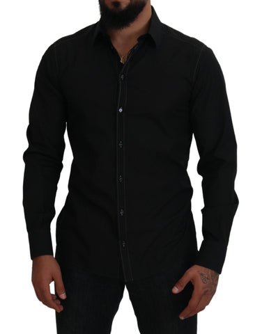 Black cotton long sleeve shirt with collar and gold accents from Dolce & Gabbana.