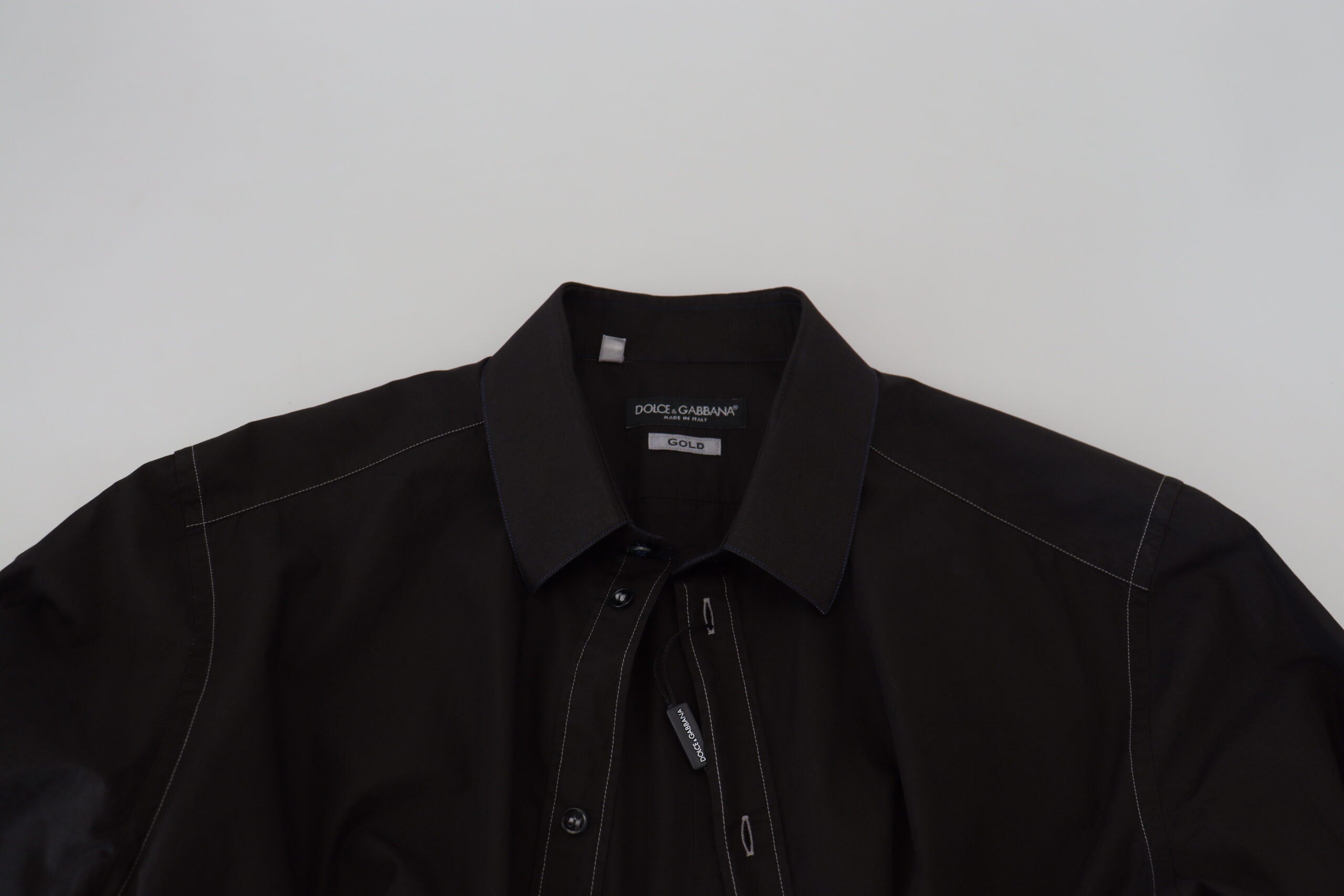 Black cotton long sleeve shirt with a collar from Dolce & Gabbana, featuring gold accents and a tailored fit.