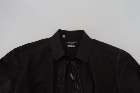 Black cotton long sleeve shirt with a collar from Dolce & Gabbana, featuring gold accents and a tailored fit.
