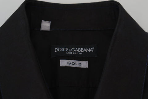 Black cotton long sleeve shirt with collar and gold accents by Dolce & Gabbana, shown with button details and tailored fit.