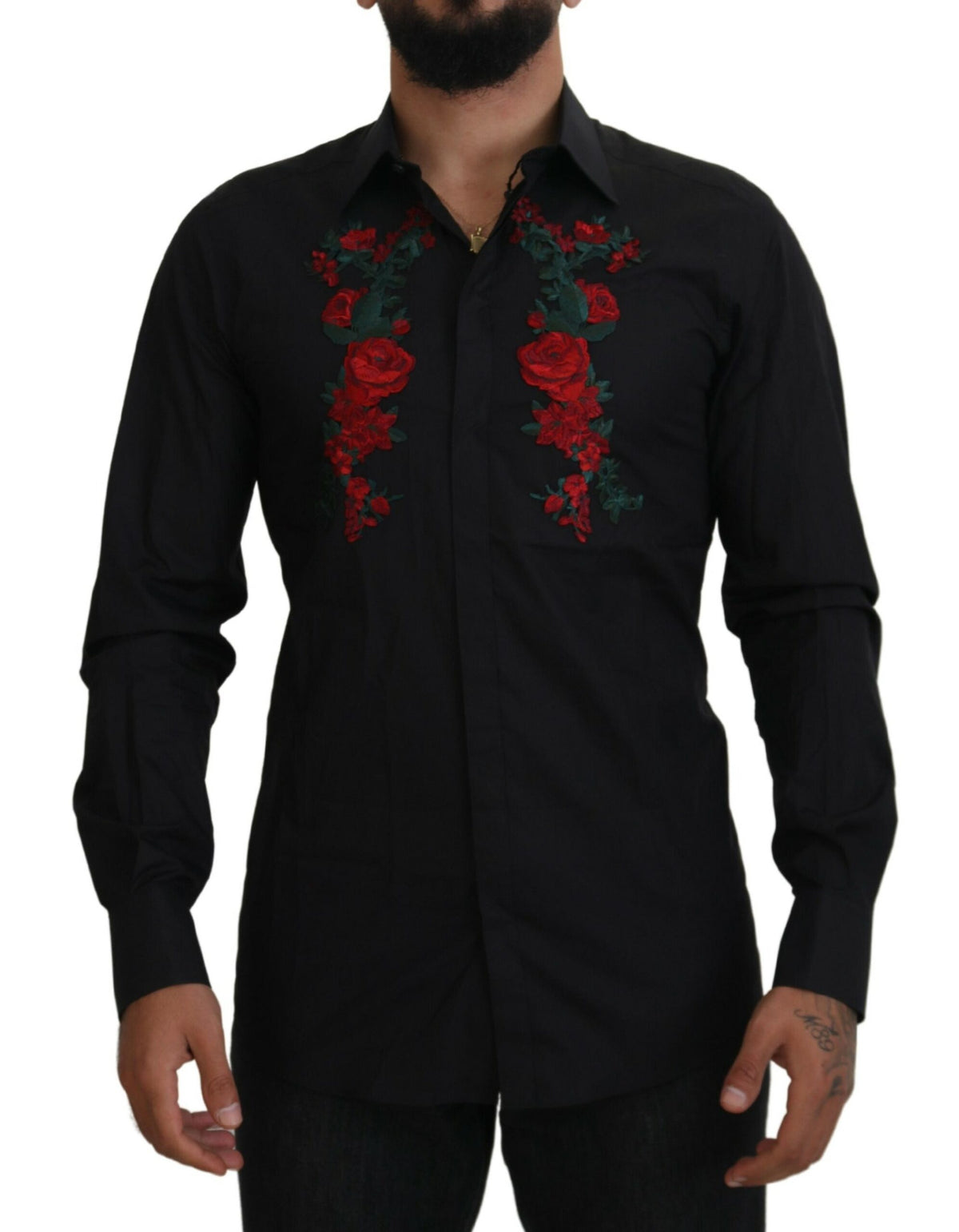 Black long sleeve men's shirt with gold floral embroidery by Dolce & Gabbana, featuring intricate floral embroidery on the fabric.