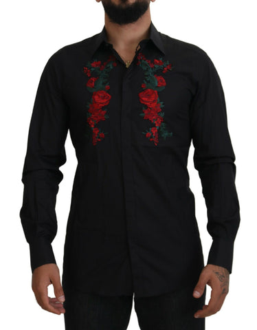 Black long sleeve men's shirt with gold floral embroidery by Dolce & Gabbana, featuring intricate floral embroidery on the fabric.