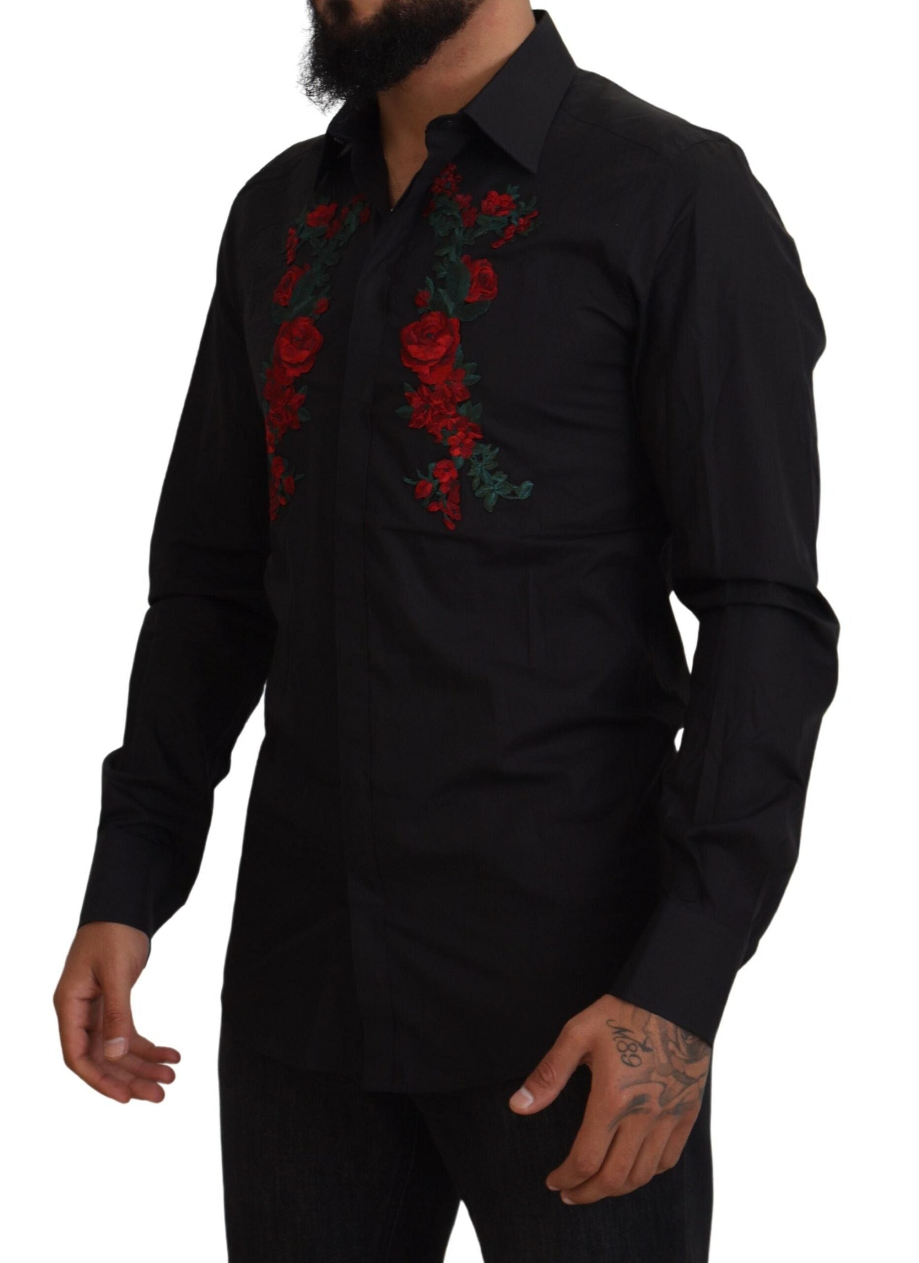 Black long-sleeve men's shirt with gold floral embroidery by Dolce & Gabbana, showcasing intricate embroidery details.