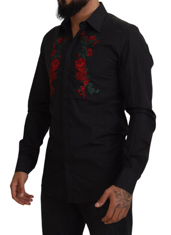 Black long-sleeve men's shirt with gold floral embroidery by Dolce & Gabbana, showcasing intricate embroidery details.