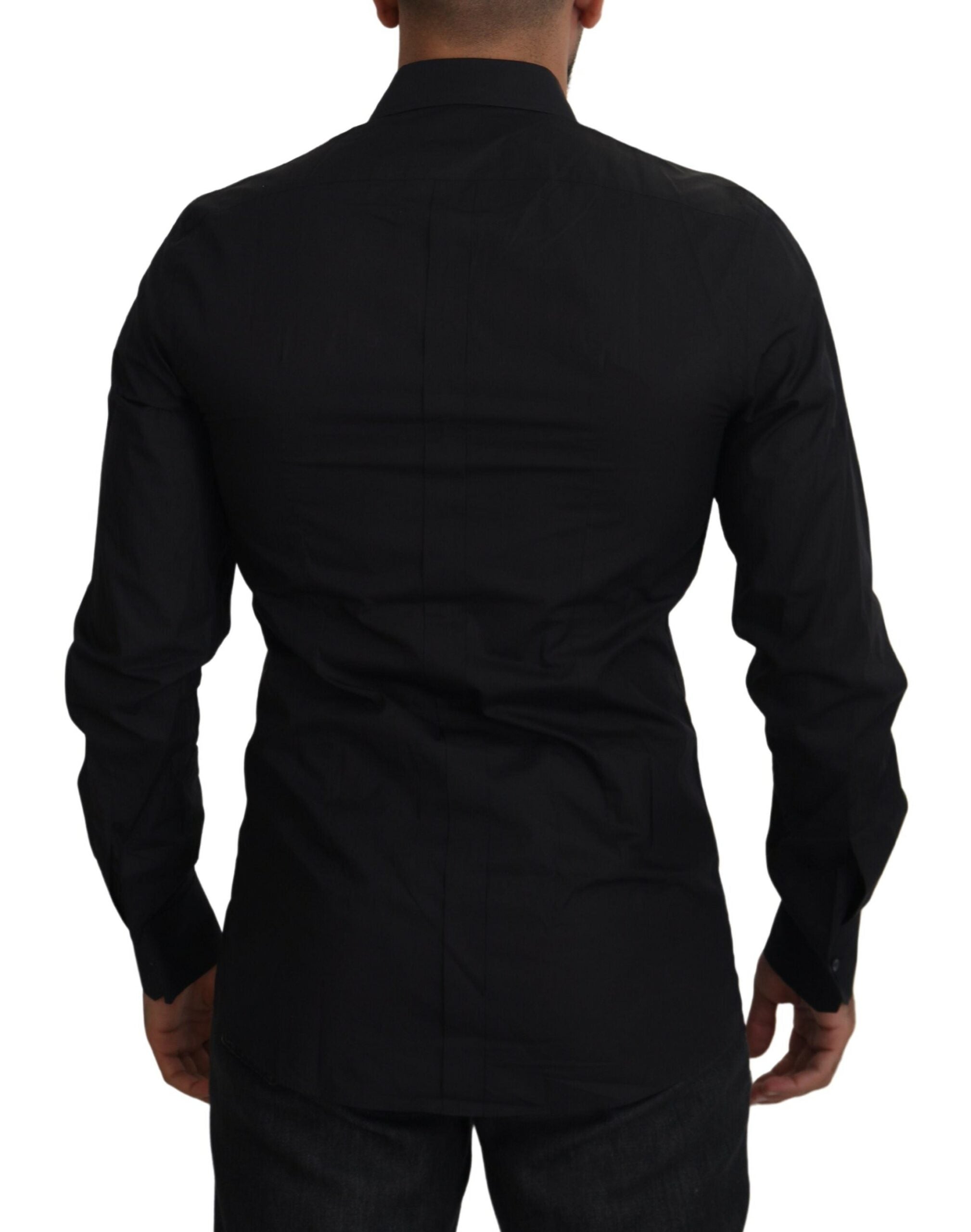 Black long sleeve men's shirt with gold floral embroidery by Dolce & Gabbana, featuring intricate floral details on the fabric.