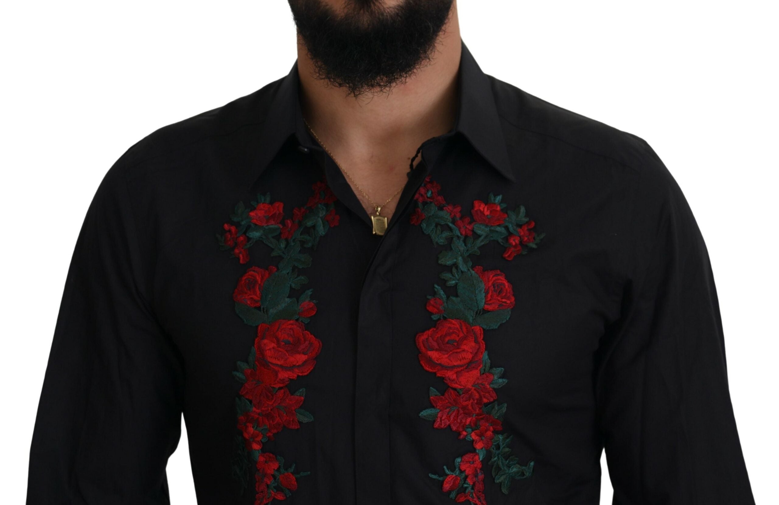 Black long sleeve men's shirt with gold floral embroidery by Dolce & Gabbana, showcasing intricate embroidery details.