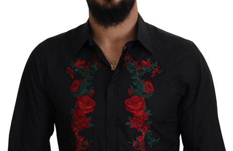 Black long sleeve men's shirt with gold floral embroidery by Dolce & Gabbana, showcasing intricate embroidery details.