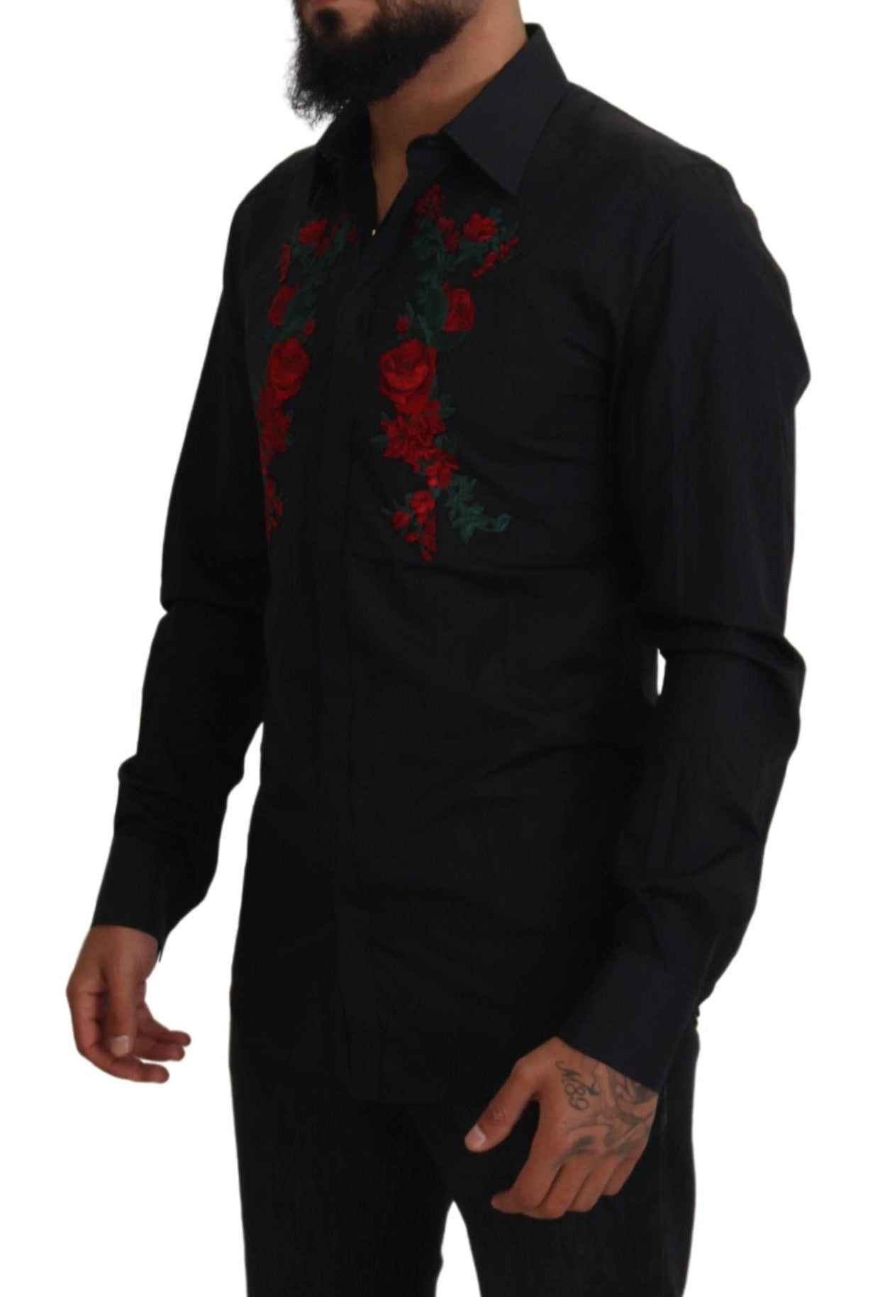 Black long-sleeve men's shirt with gold floral embroidery by Dolce & Gabbana, featuring intricate embroidered floral patterns.