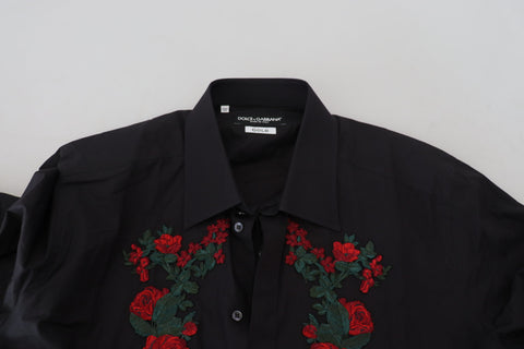 Black long sleeve men's shirt with gold floral embroidery by Dolce & Gabbana, featuring intricate floral detailing.