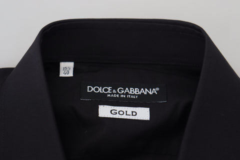 Black men's long sleeve shirt with gold floral embroidery by Dolce & Gabbana, featuring intricate floral designs on the fabric.