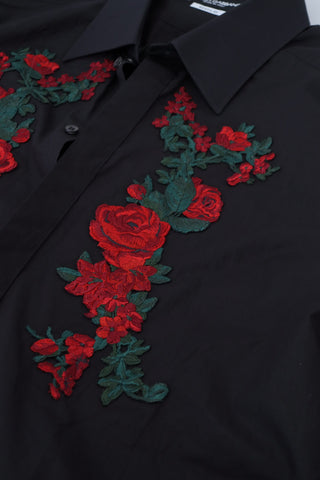 Black long sleeve men's shirt with gold floral embroidery by Dolce & Gabbana, featuring intricate floral embroidery on the front.