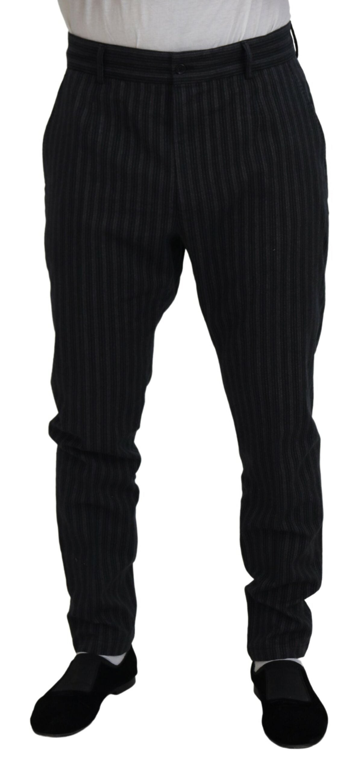 Dark gray striped chino dress pants by Dolce & Gabbana, tailored fit with classic pleats and belt loops, front and back pockets.