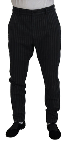 Dark gray striped chino dress pants by Dolce & Gabbana, tailored fit with classic pleats and belt loops, front and back pockets.