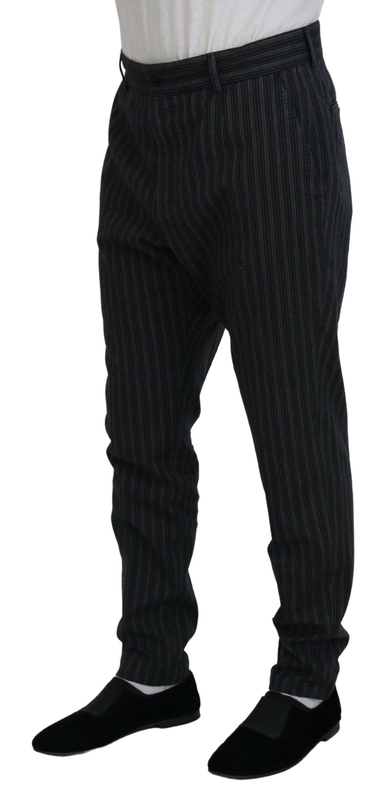 Dark gray striped chino dress pants by Dolce & Gabbana, tailored fit with classic design and belt loops.