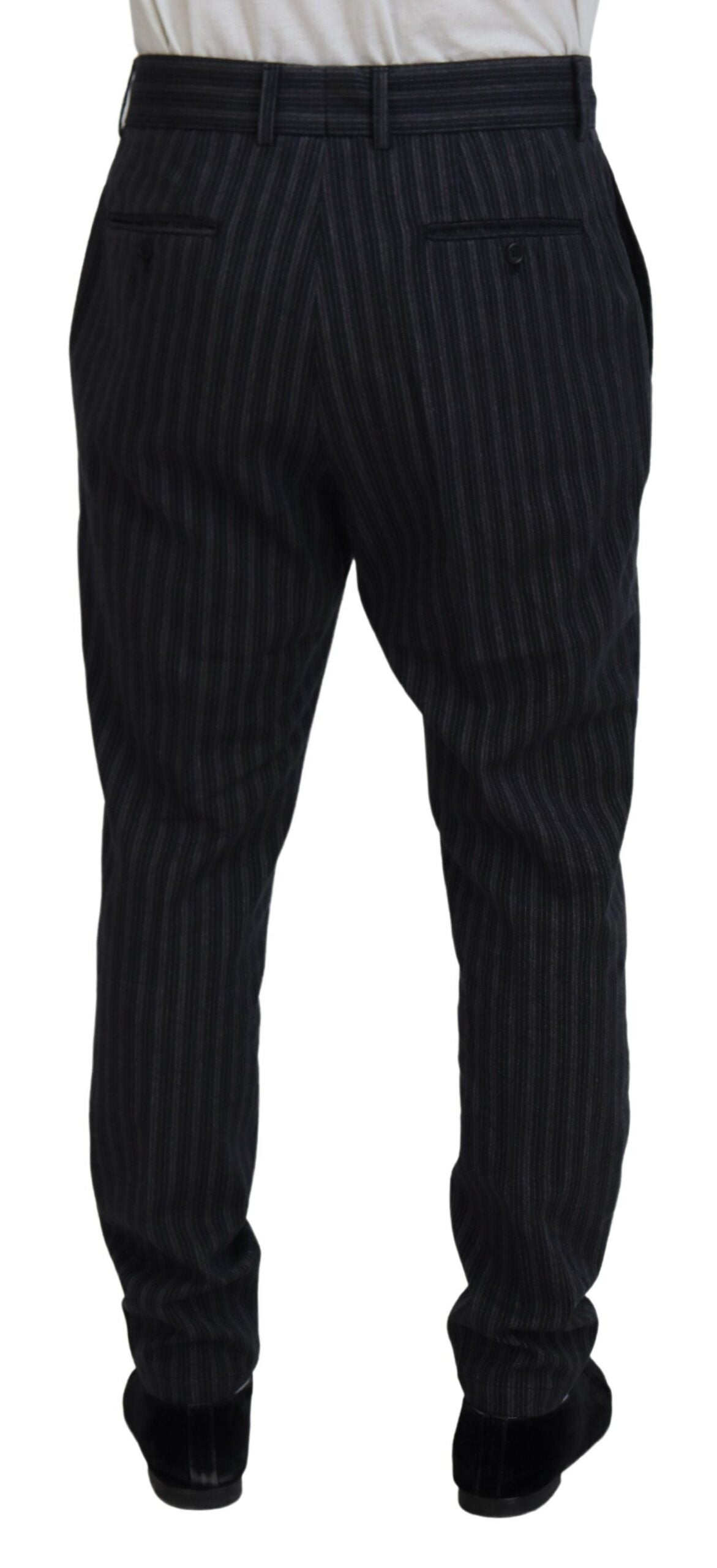 Dark gray striped chino dress pants by Dolce & Gabbana, tailored fit with classic design and subtle vertical stripe pattern.
