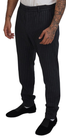 Dark gray striped chino dress pants by Dolce & Gabbana, tailored fit with classic stripe pattern and sleek waistband.