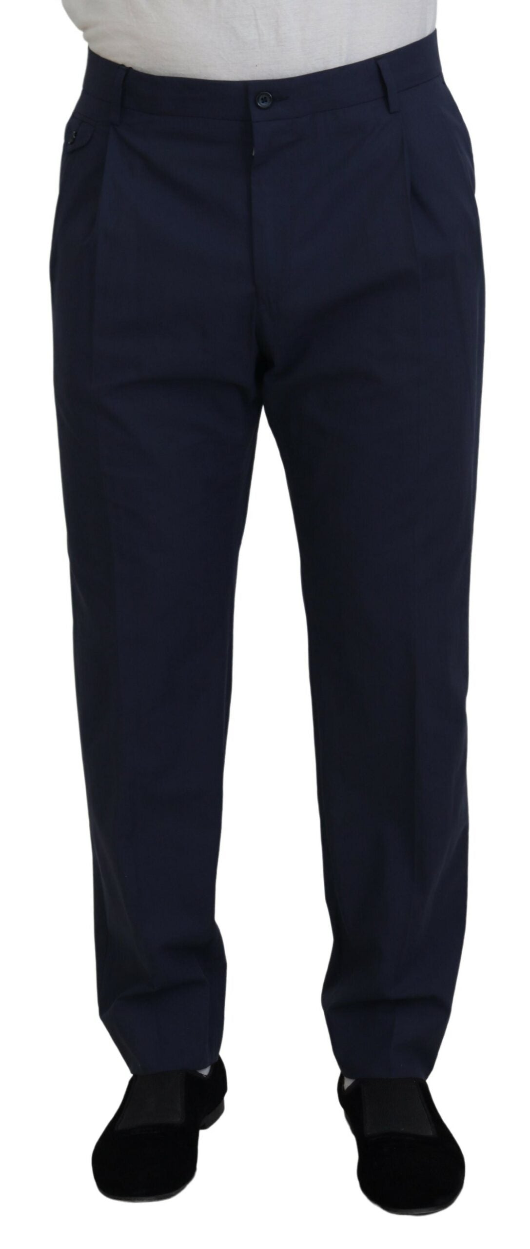 Dark blue cotton chino formal pants by Dolce & Gabbana, tailored fit with classic waistband and front pockets.
