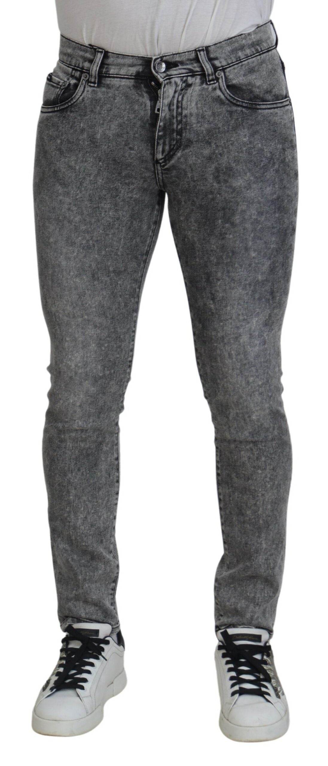Grey washed cotton slim fit men's denim jeans by Dolce & Gabbana, showing front view with classic five-pocket design.