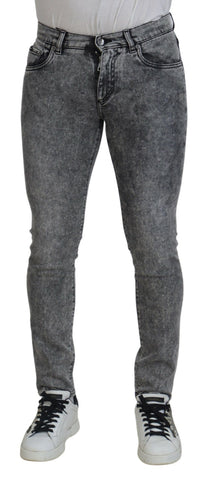 Grey washed cotton slim fit men's denim jeans by Dolce & Gabbana, showing front view with classic five-pocket design.