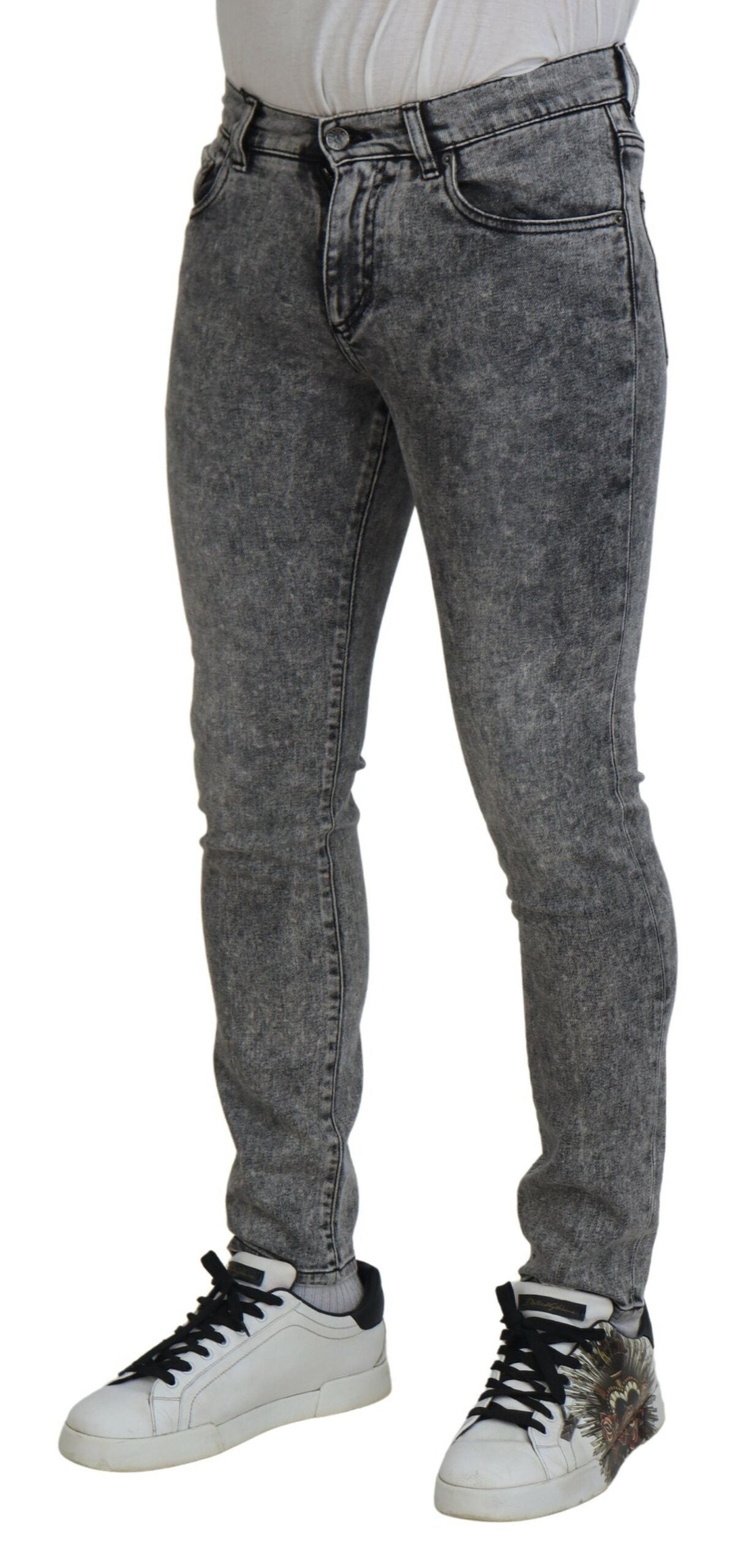 Grey washed cotton slim fit men's denim jeans by Dolce & Gabbana, showing front view with classic five-pocket design.