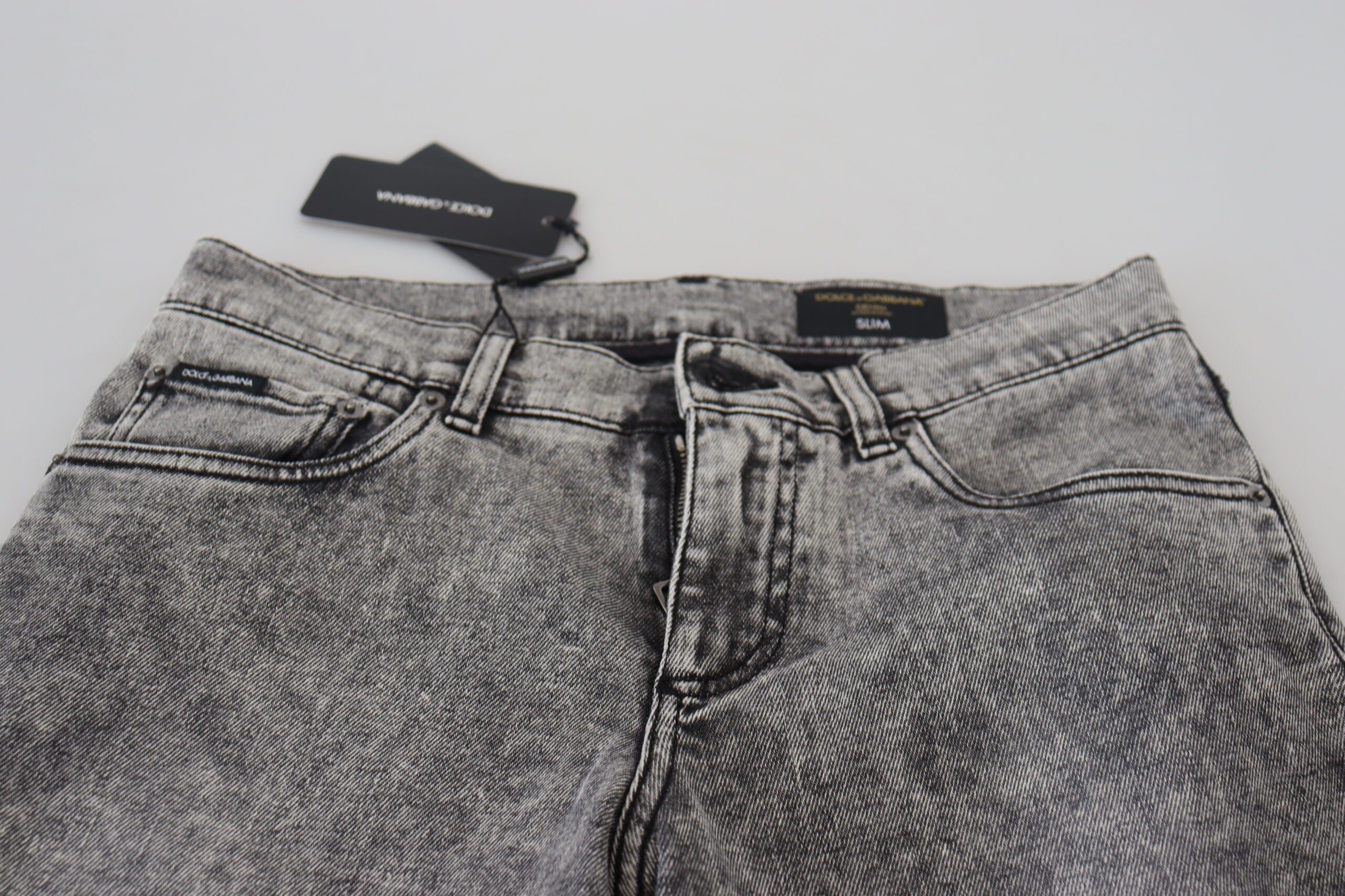 Grey washed cotton denim jeans for men by Dolce & Gabbana, slim fit style, displayed on a neutral background.