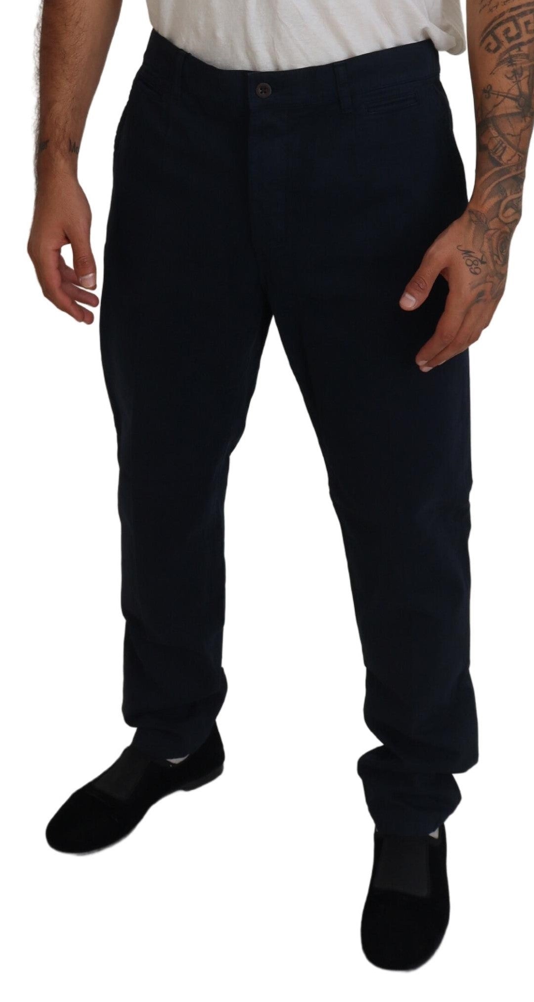 Blue cotton formal men's dress pants by Dolce & Gabbana, shown in a sleek, tailored fit with a classic design.