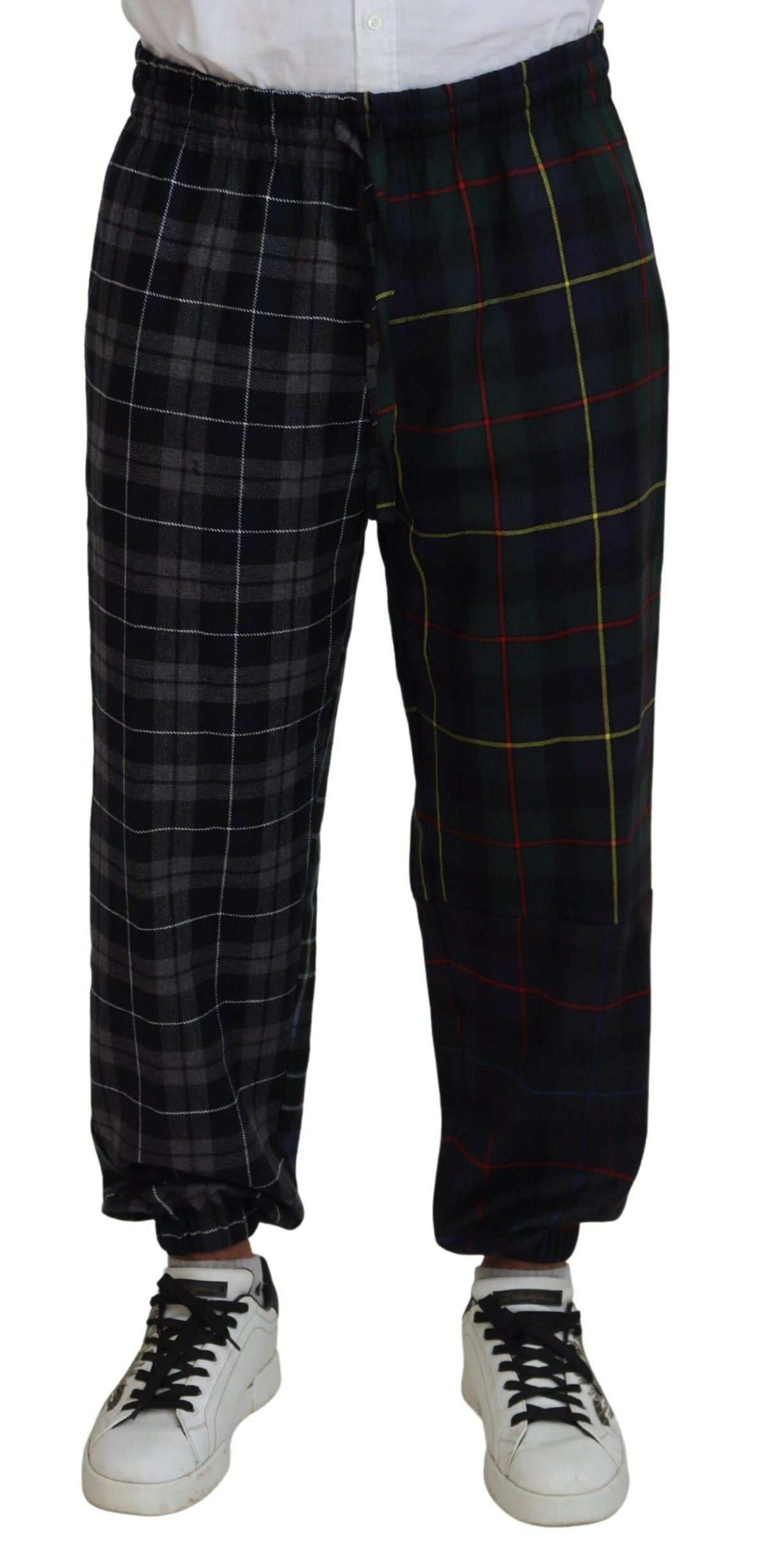 Multicolor checkered wool men's jogger pants by Dolce & Gabbana, featuring a relaxed fit and stylish pattern.