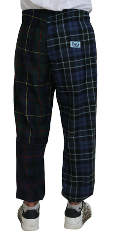 Multicolor checkered wool men's jogger pants by Dolce & Gabbana, featuring a relaxed fit and elastic waistband.