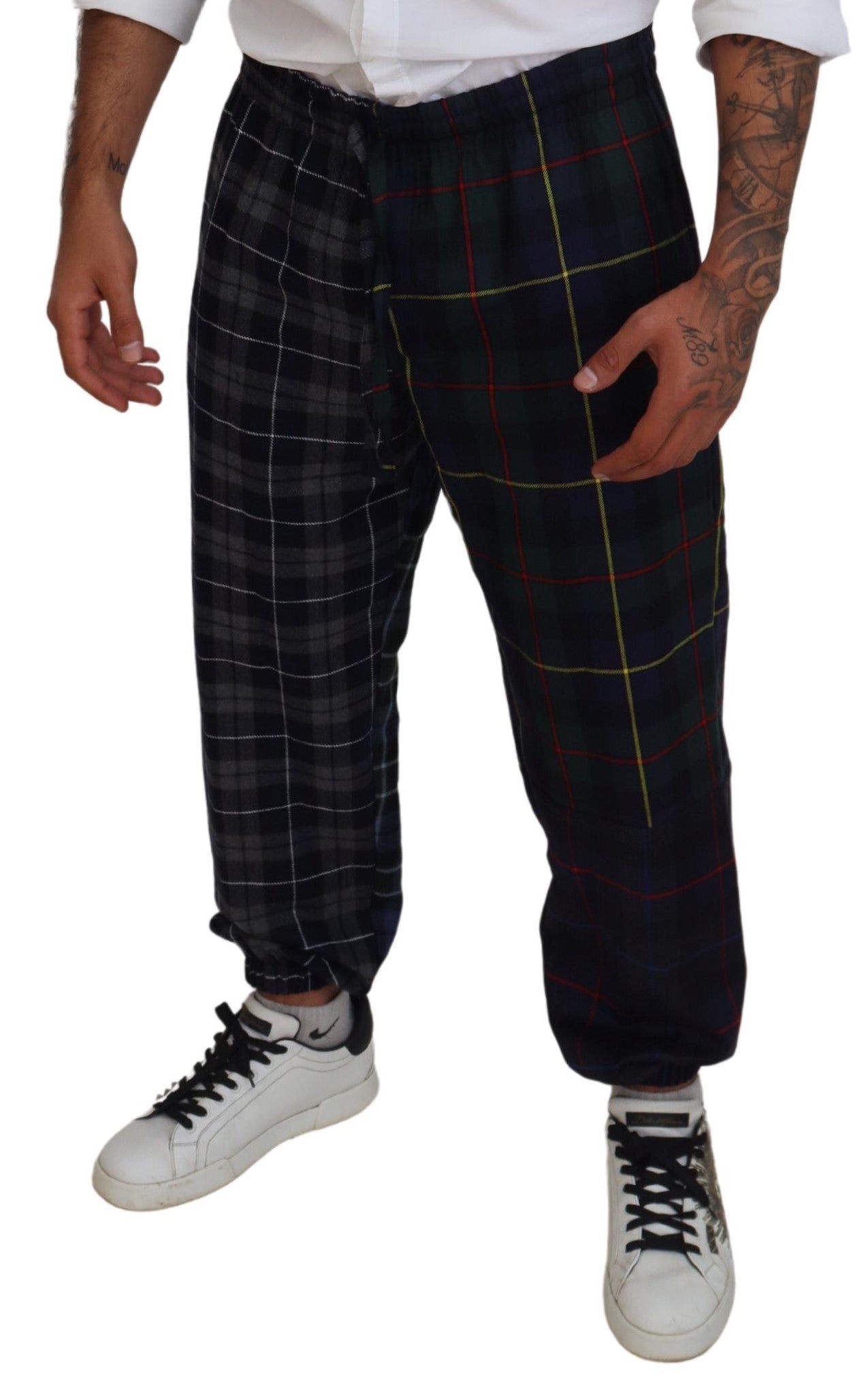 Multicolor checkered wool men's jogger pants by Dolce & Gabbana, featuring a stylish pattern and comfortable fit.