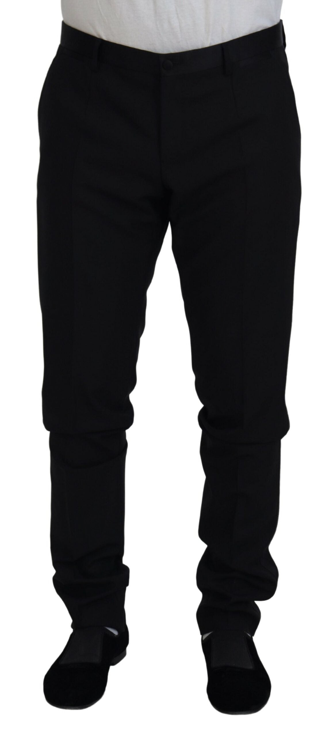 Black wool chino dress pants by Dolce & Gabbana, formal men's trousers with a tailored fit and classic design.