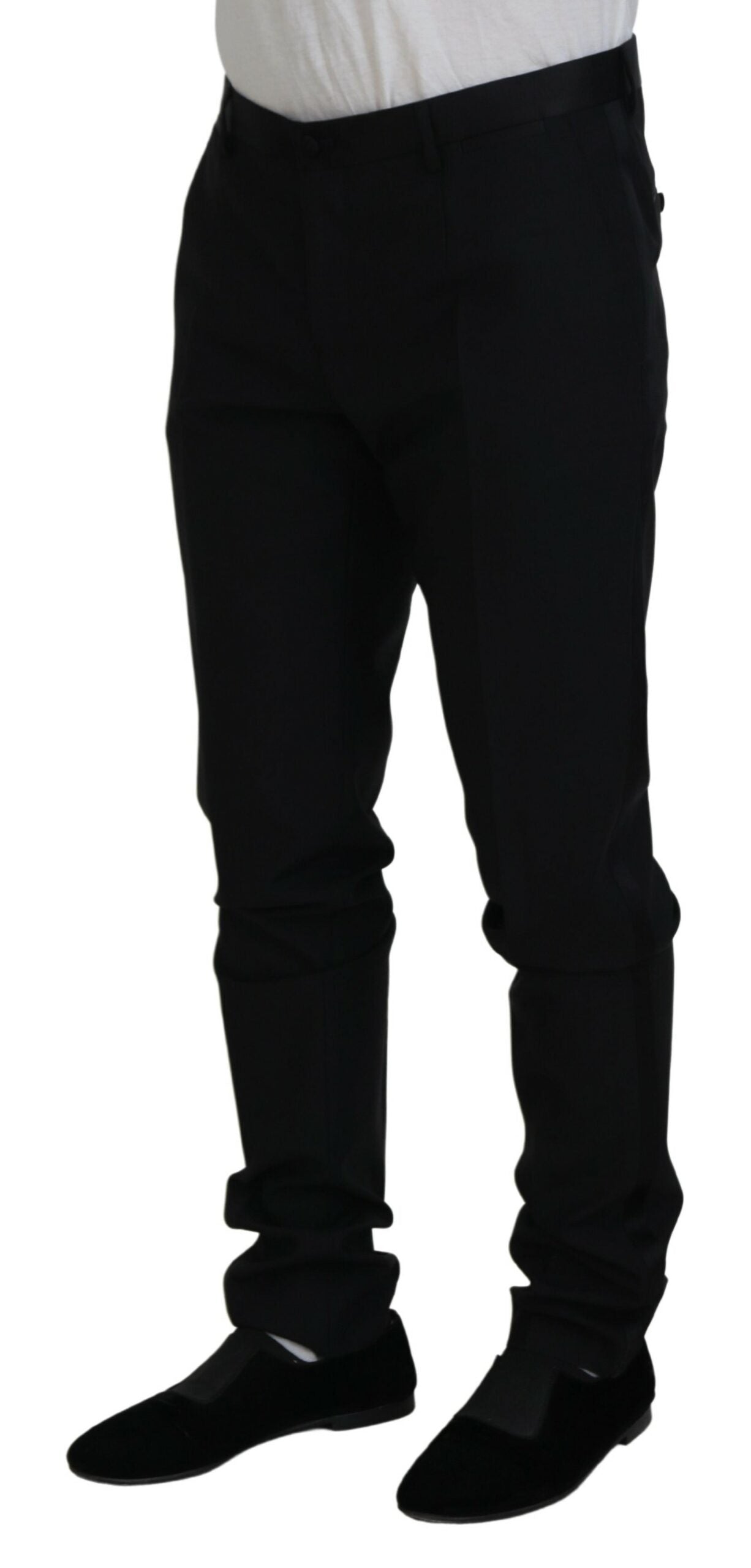 Black wool chino dress pants by Dolce & Gabbana, formal men's trousers with a tailored fit and classic design.