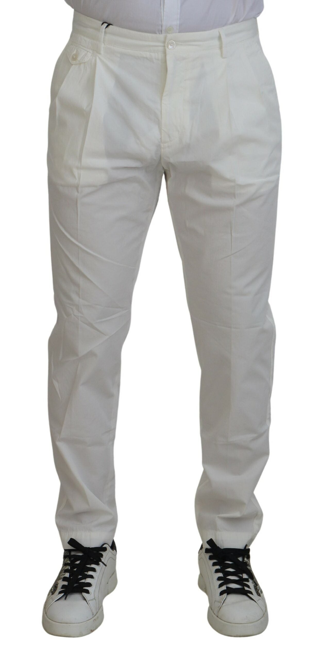 White cotton skinny chino pants by Dolce & Gabbana, close-up of fitted design and clean fabric texture.