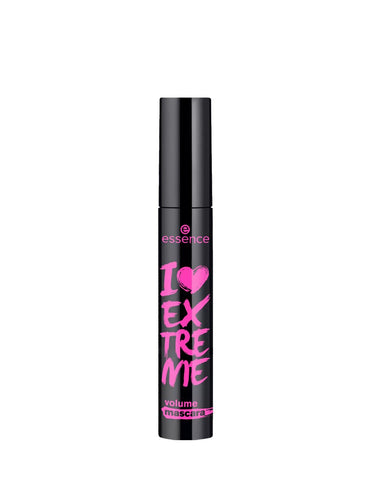 Essence Cosmetics I Love Extreme Volume Mascara in 12ml tube, featuring black mascara brush and packaging with brand logo.