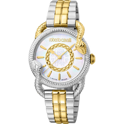 Roberto Cavalli by Franck Muller luxury watch with gold-tone case and leather strap, detailed dial, and elegant design.