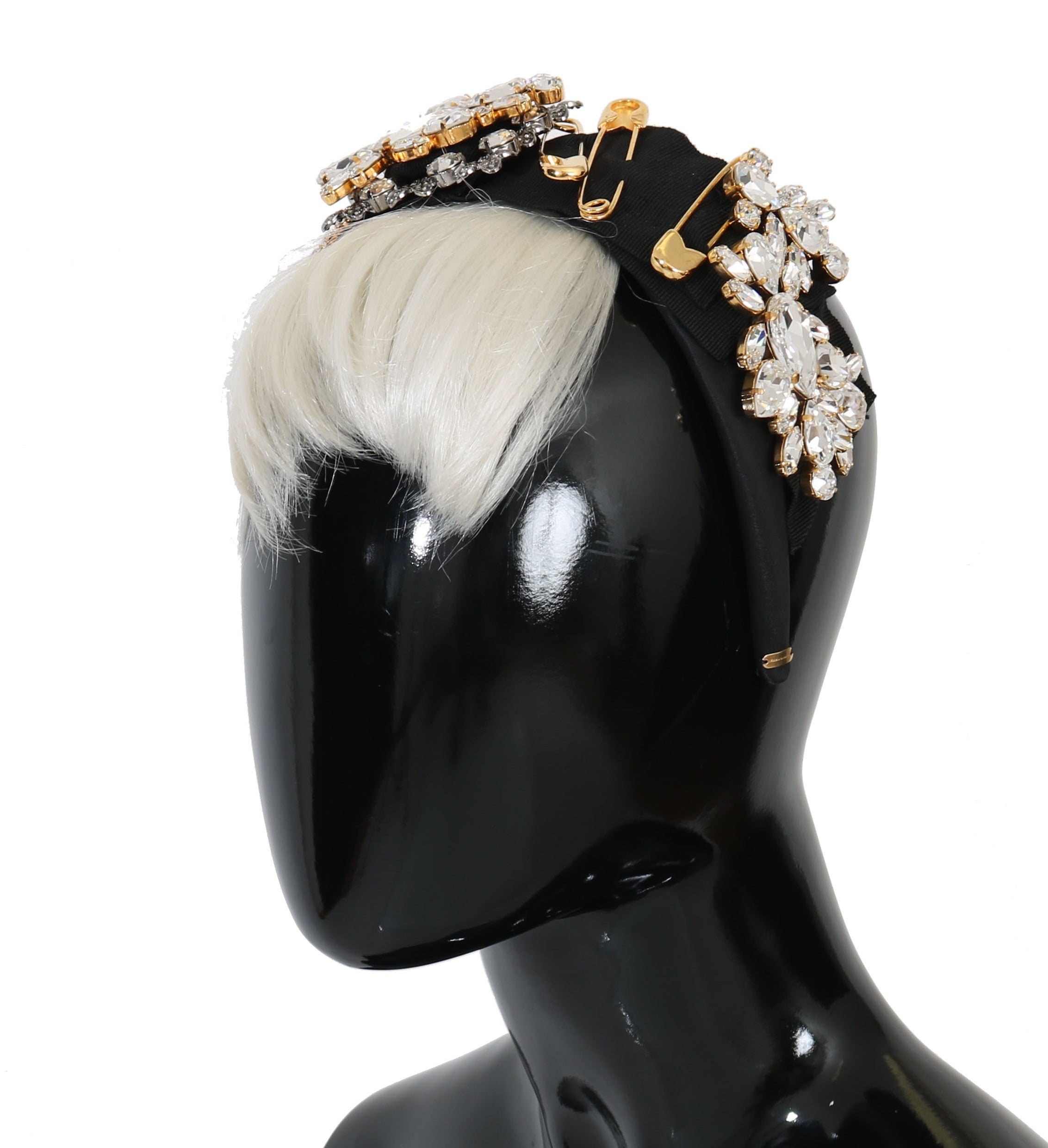 Black crystal white hair headband by Dolce & Gabbana featuring elegant diadem design with sparkling crystals.