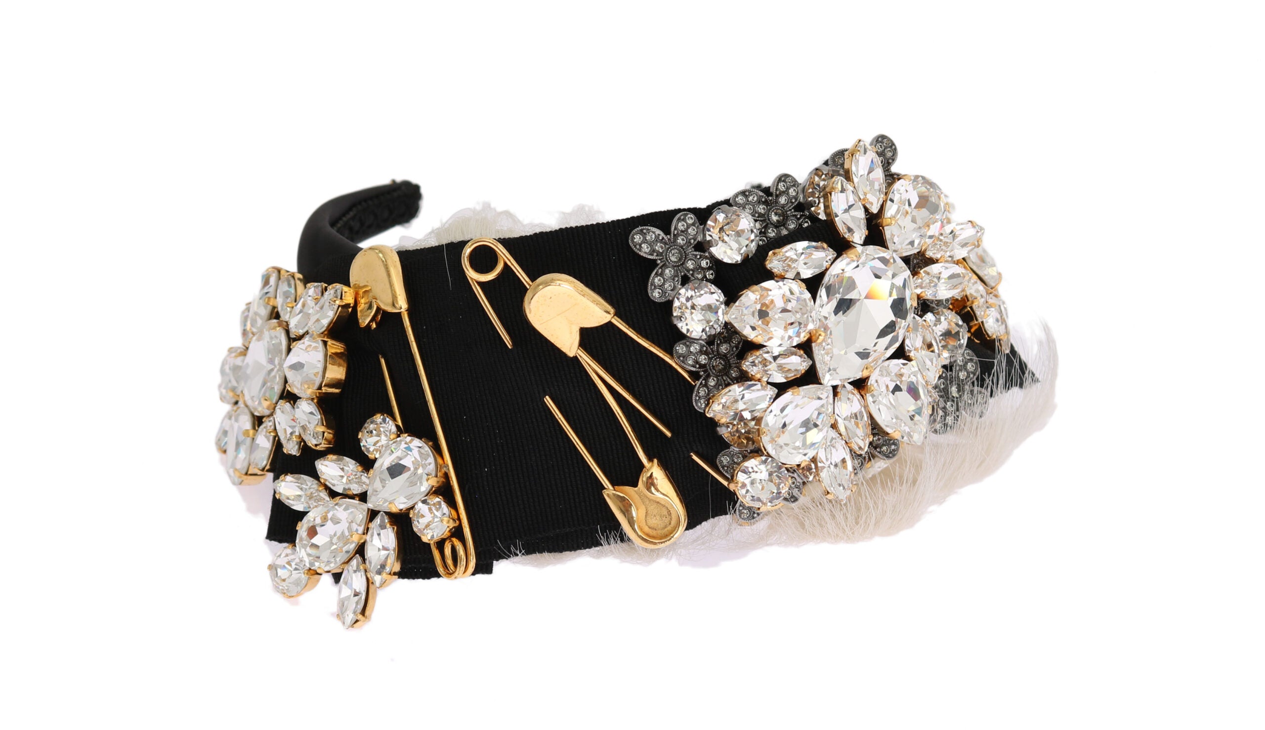 Black crystal white hair diadem headband by Dolce & Gabbana featuring elegant crystals and intricate design for stylish hair accessories.