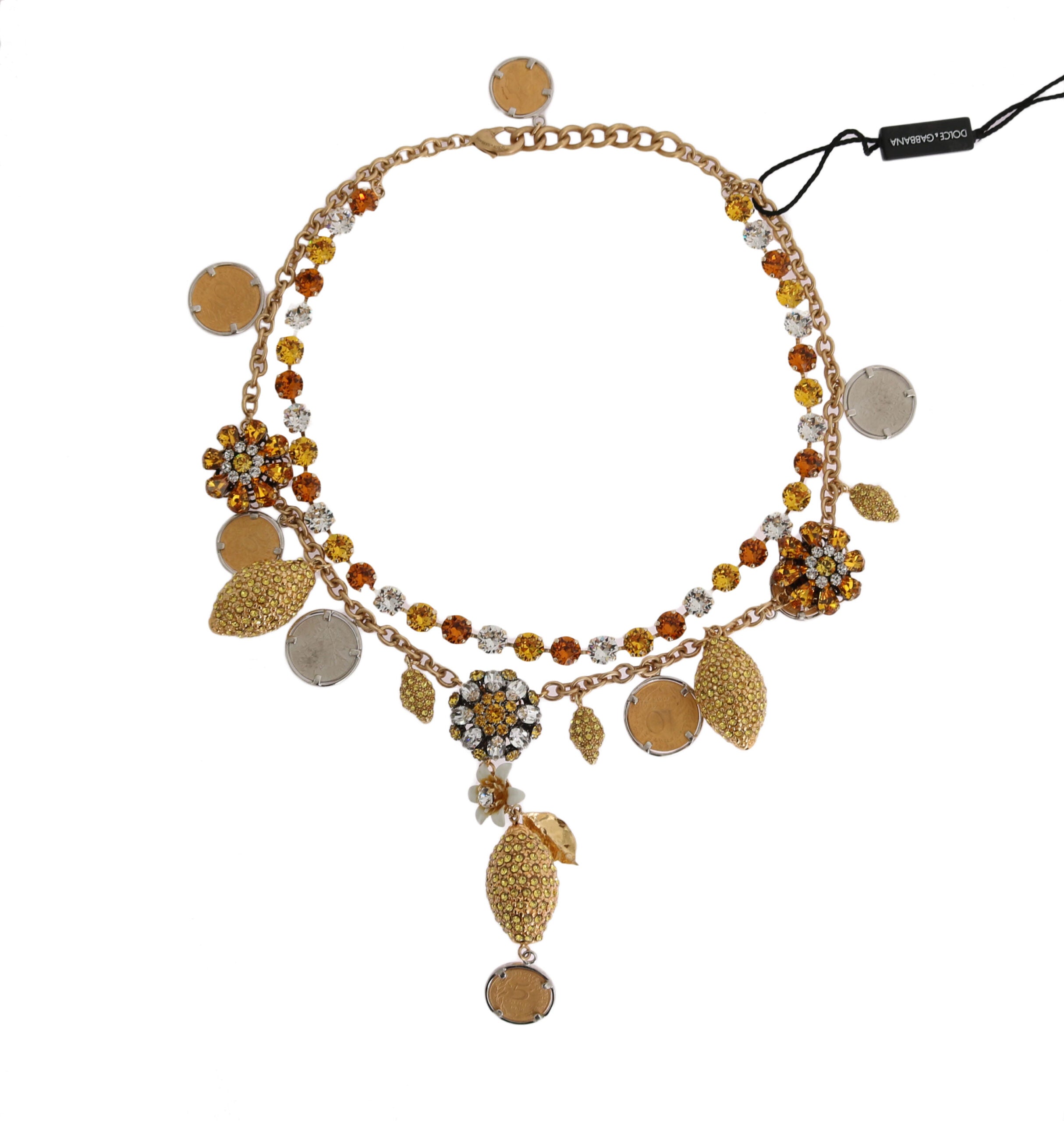 Gold brass pineapple statement necklace with crystal logo detail by Dolce & Gabbana, featuring a bold tropical-inspired design.