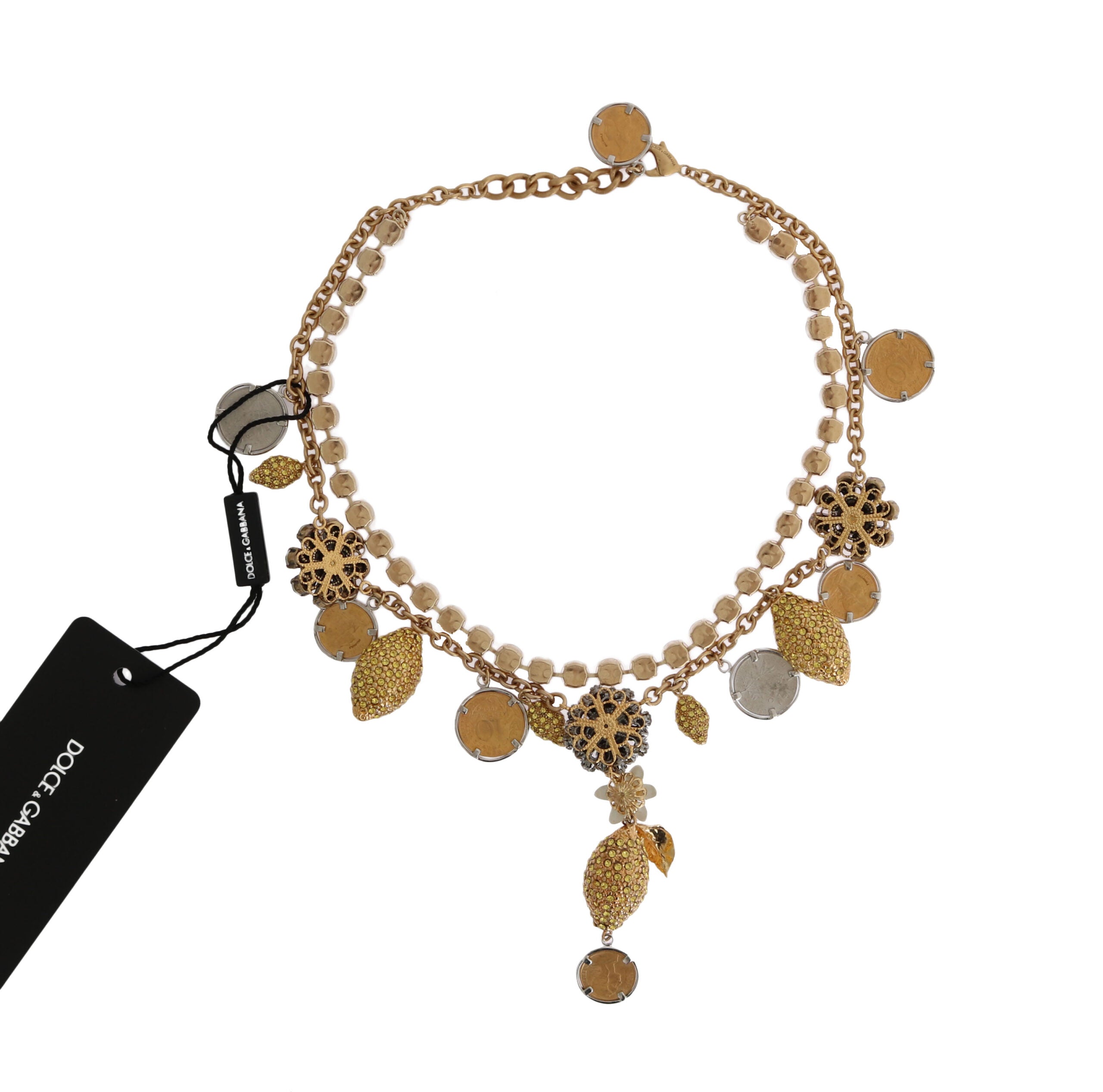 Gold brass pineapple statement necklace with crystal logo pendant by Dolce & Gabbana, featuring a bold, stylish design.