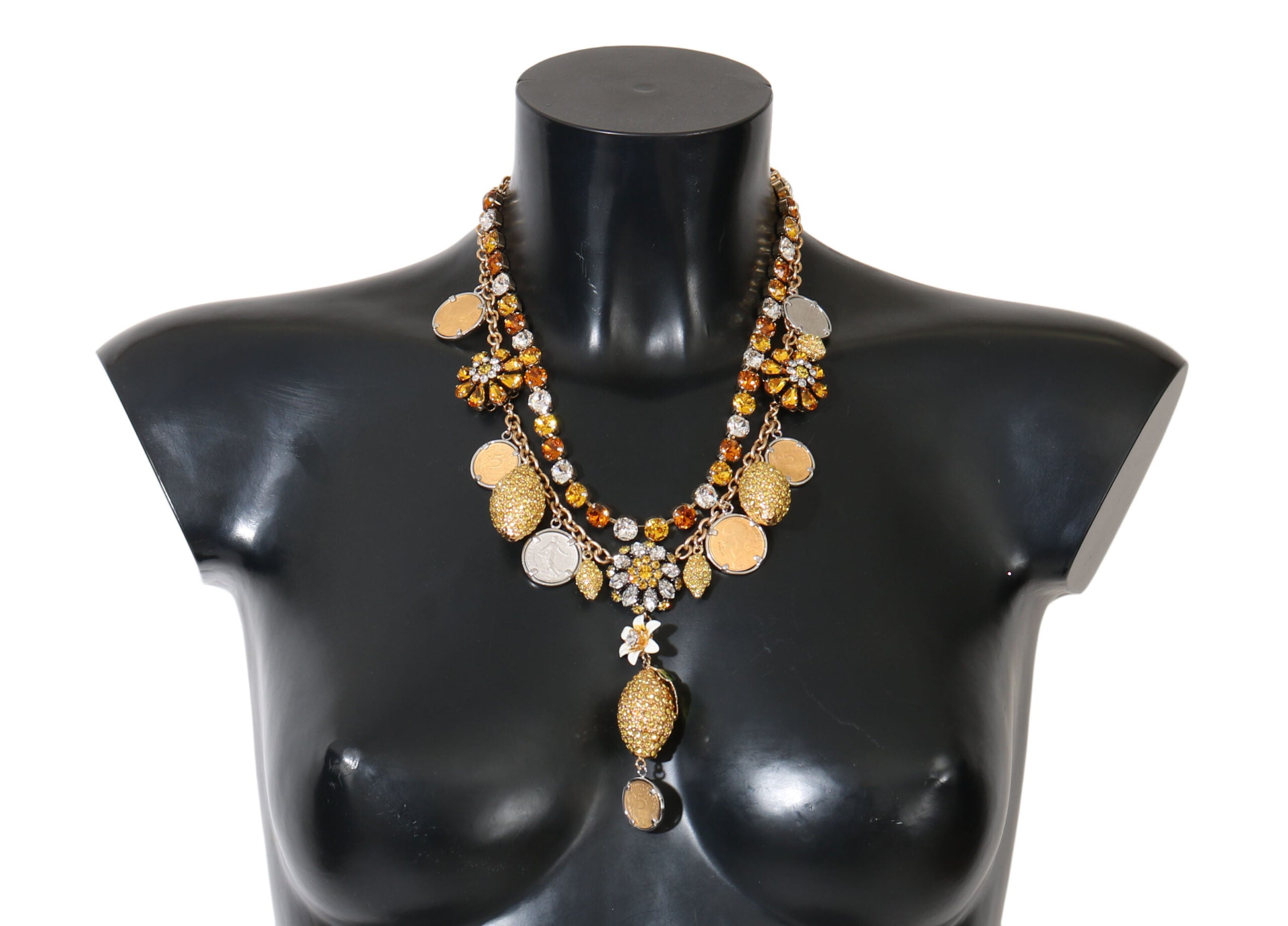 Gold brass pineapple logo statement necklace with crystal accents from Dolce & Gabbana, featuring a bold, stylish design.