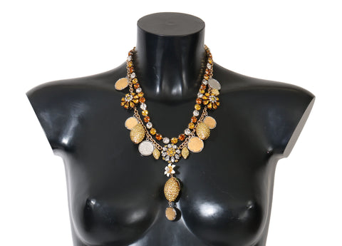 Gold brass pineapple logo statement necklace with crystal accents from Dolce & Gabbana, featuring a bold, stylish design.