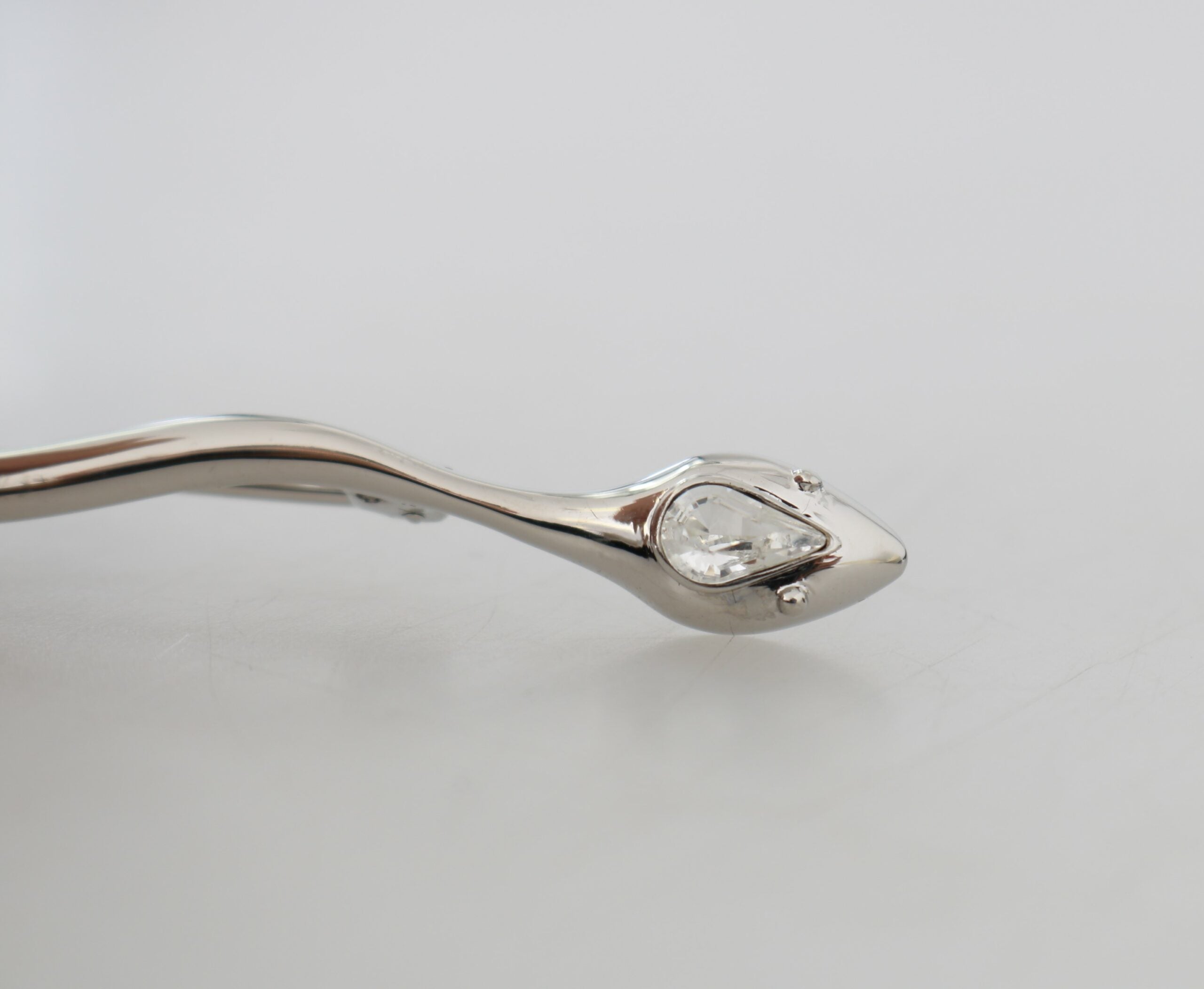 Silver brass serpent-shaped men's brooch pin with crystal accents by Dolce & Gabbana, detailed close-up of the jewelry piece.