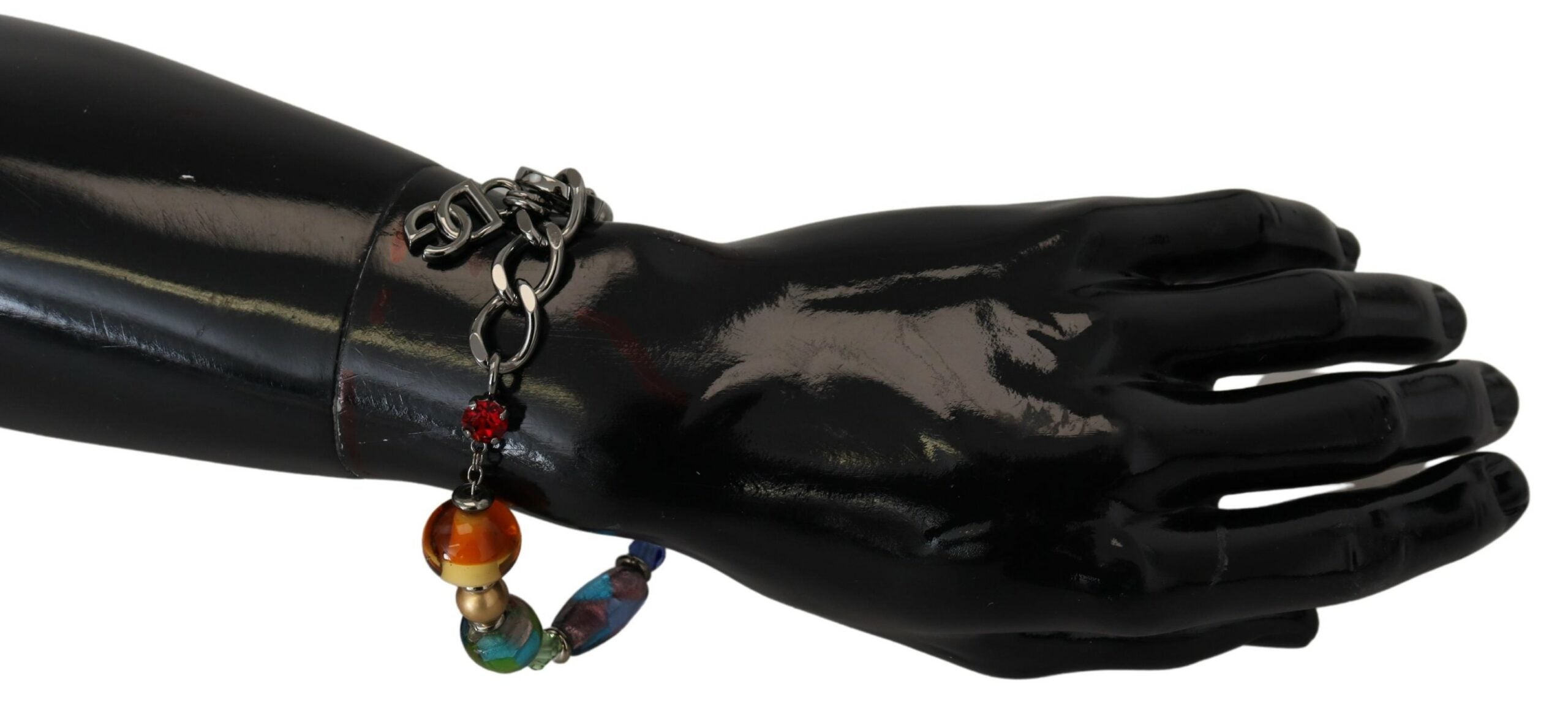 Multicolor silver chain bracelet with brass beads and lobster clasp, stylish jewelry from Dolce & Gabbana.