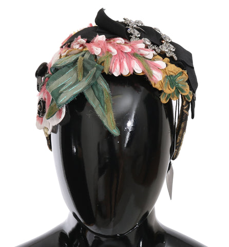 Multicolor floral crystal tiara headband with bow design by Dolce & Gabbana, featuring intricate jeweled detailing.