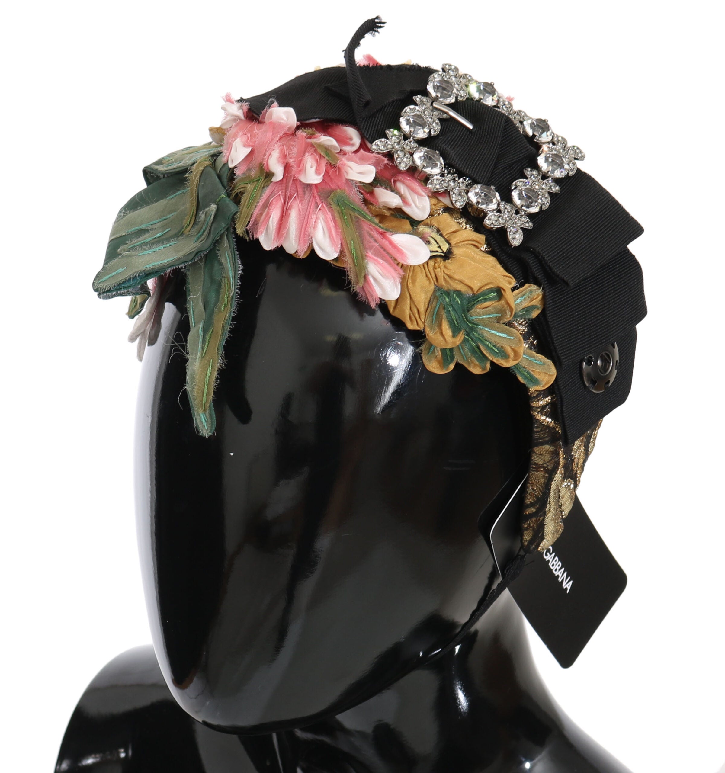 Multicolor floral crystal bow diadem headband by Dolce & Gabbana, featuring sparkling crystals and vibrant flower accents.